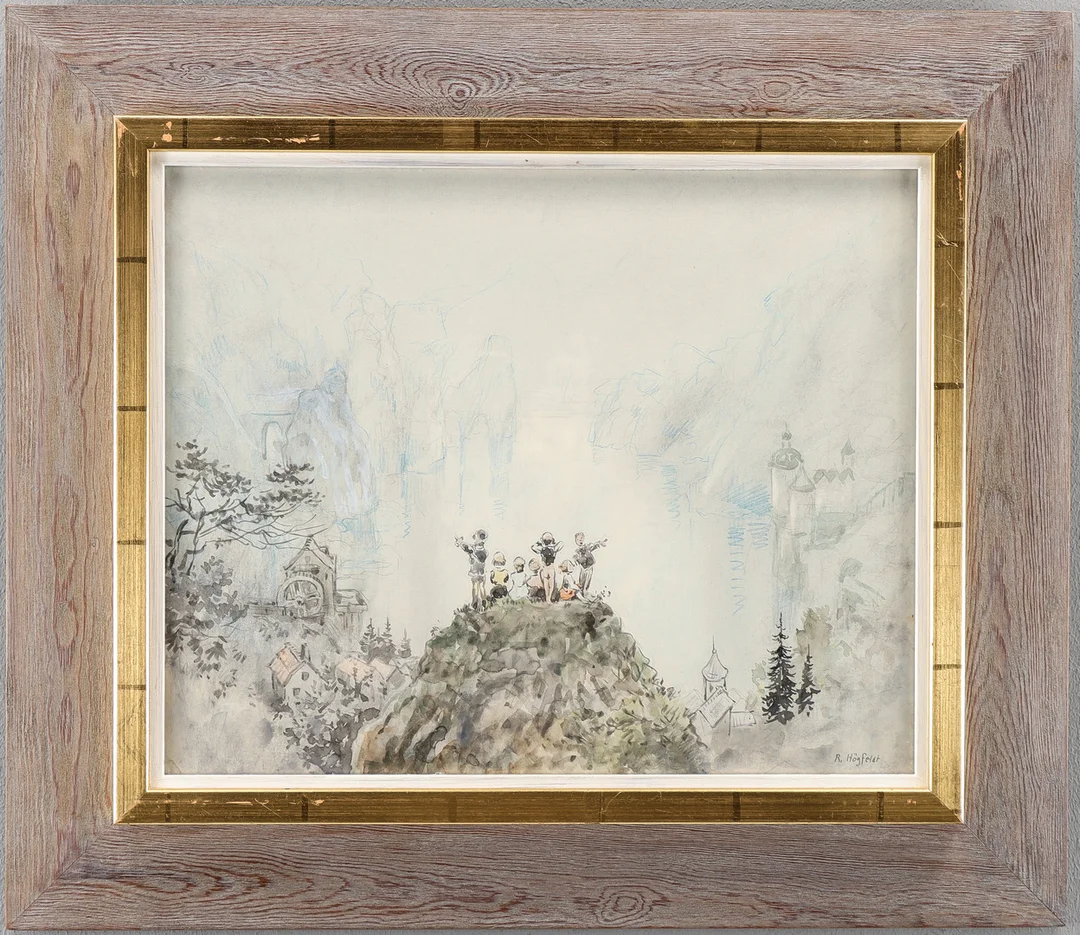ROBERT HÖGFELDT. Alplandskap med figurer på klippa. — Paintings — Karlstad Hammarö Auktionsverk