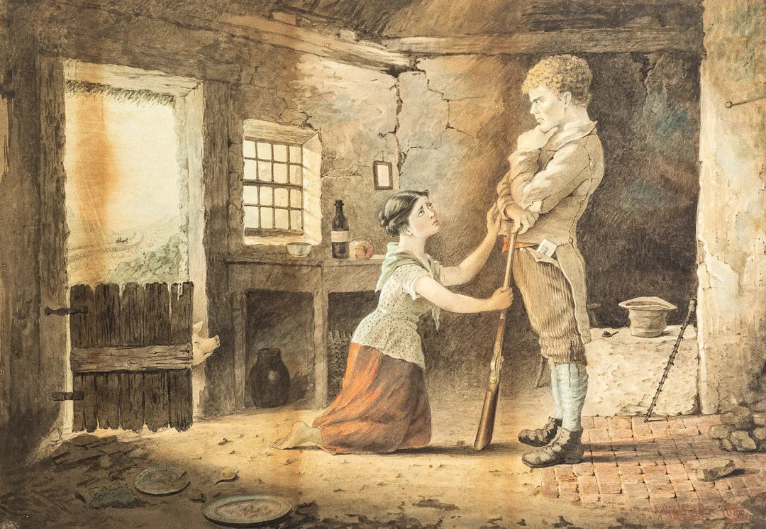 ARTHUR MELVILLE (1855-1904). INTERIOR BARN SCENE WITH MAN AND WOMAN, WATERCOLOUR ON PAPER, 1880. — Paintings — Griffin’s Auctioneers