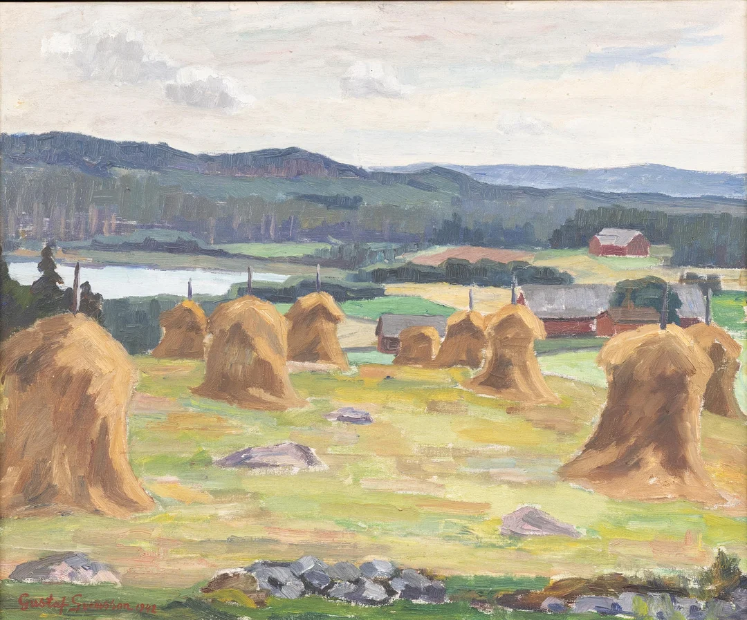GUSTAF SVENSSON (1893-1957). Skördelandskap, Ingatorp, Småland, olja på duk, signerad och daterad 1942. — Paintings — Garpenhus Auktioner