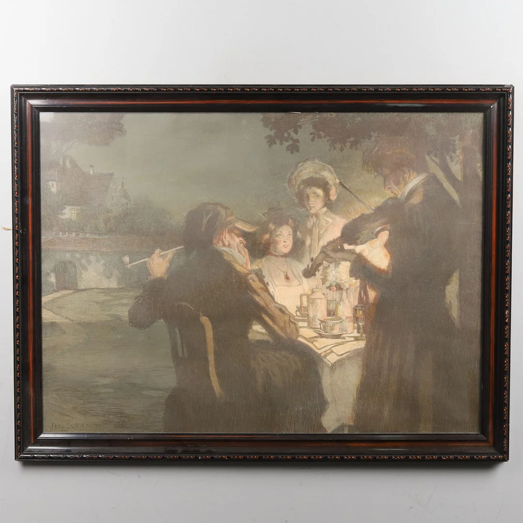 FERDINAND DORSCH (1875–1938).Tryck, "Kvällsvard utomhus", signerad och daterad 1911. — Paintings — Örebro Stadsauktioner