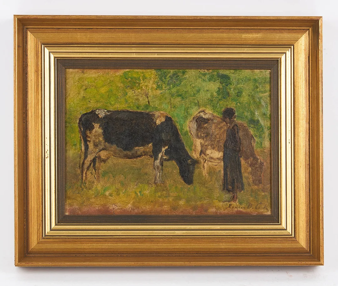 XAVIER DE COCK (1818-1896). Flicka med kor, signerad, olja på pannå. — Paintings — Stockholms Auktionsverk Helsinki