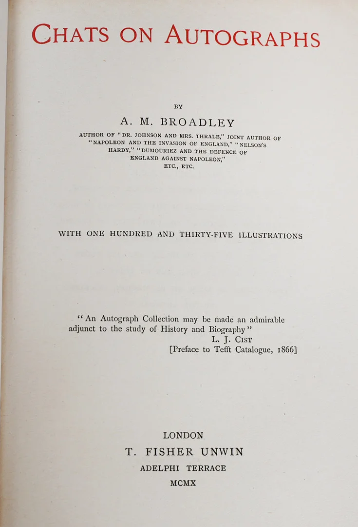 A.M. BROADLEY, CHATS ON AUTOGRAPHS, WITH SIGNED INSCRIPTION TO VISCOUNT CHURCHILL. — Books — Bishop & Miller