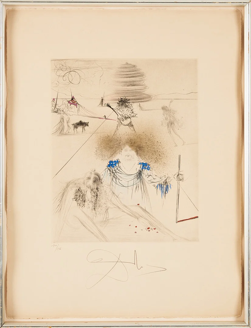 SALVADOR DALÍ. Le vieil hippie, ur "Hippies", torrnålsetsning med handkolorering, signerad och numrerad Dali 100/145, med Dali blindstämpel. — Engravings & Prints — Stockholms Auktionsverk Magasin 5