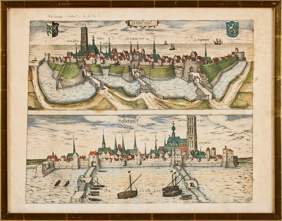 GEORG BRAUN och FRANS HOGENBERG, efter. Två vyer över Harderwijk. Kolorerad gravyr. — Maps — Stockholms Auktionsverk Magasin 5