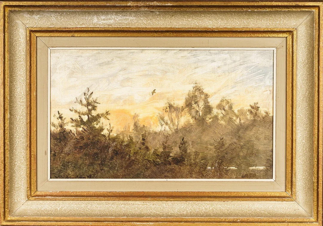 HARALD KLINCKOWSTRÖM. Olja på pannå, "Morgonstämning" signerad, daterad 1948. — Paintings — Norrlands Auktionsverk