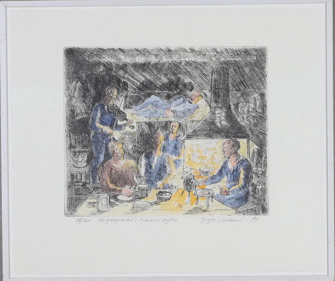 YNGVE SVEDLUND. Färglitografi, "Helgdagskväll i timmerkojan", signerad, daterad -84, numrerad 15/60. — Engravings & Prints — Gomér & Andersson Norrköping