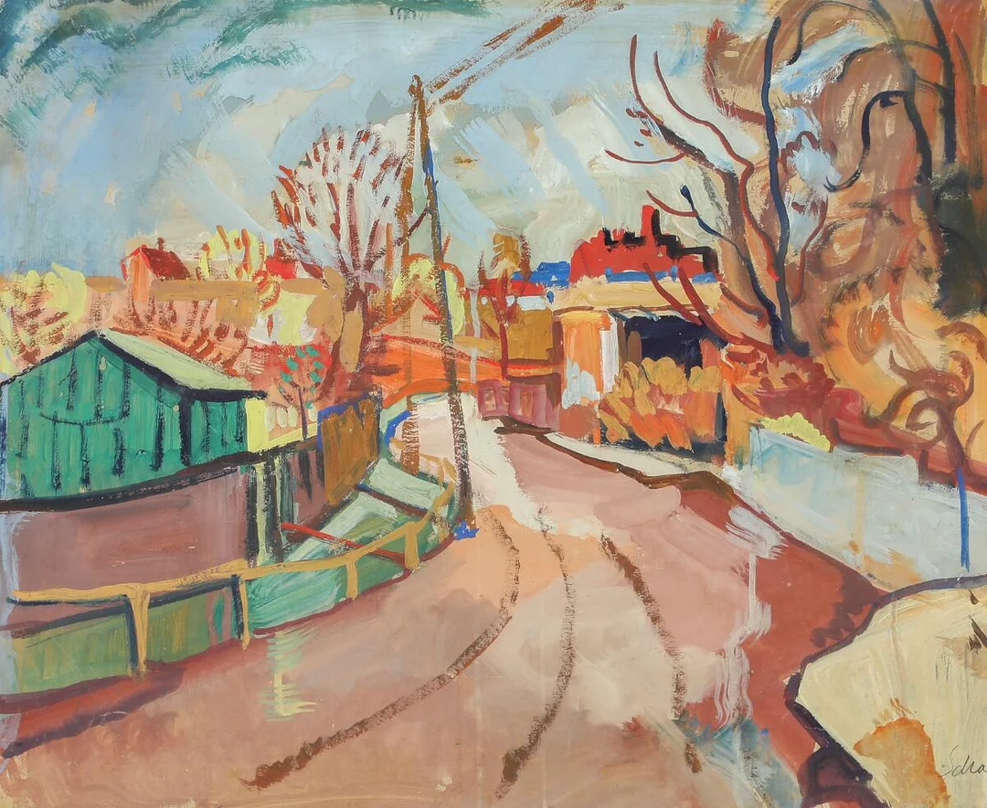 Werner Scholz: Street scene. Signed Scholz. Gouache on cardboard. Visible size 49×59 cm. — Modern Prints/Modern art — Bruun Rasmussen