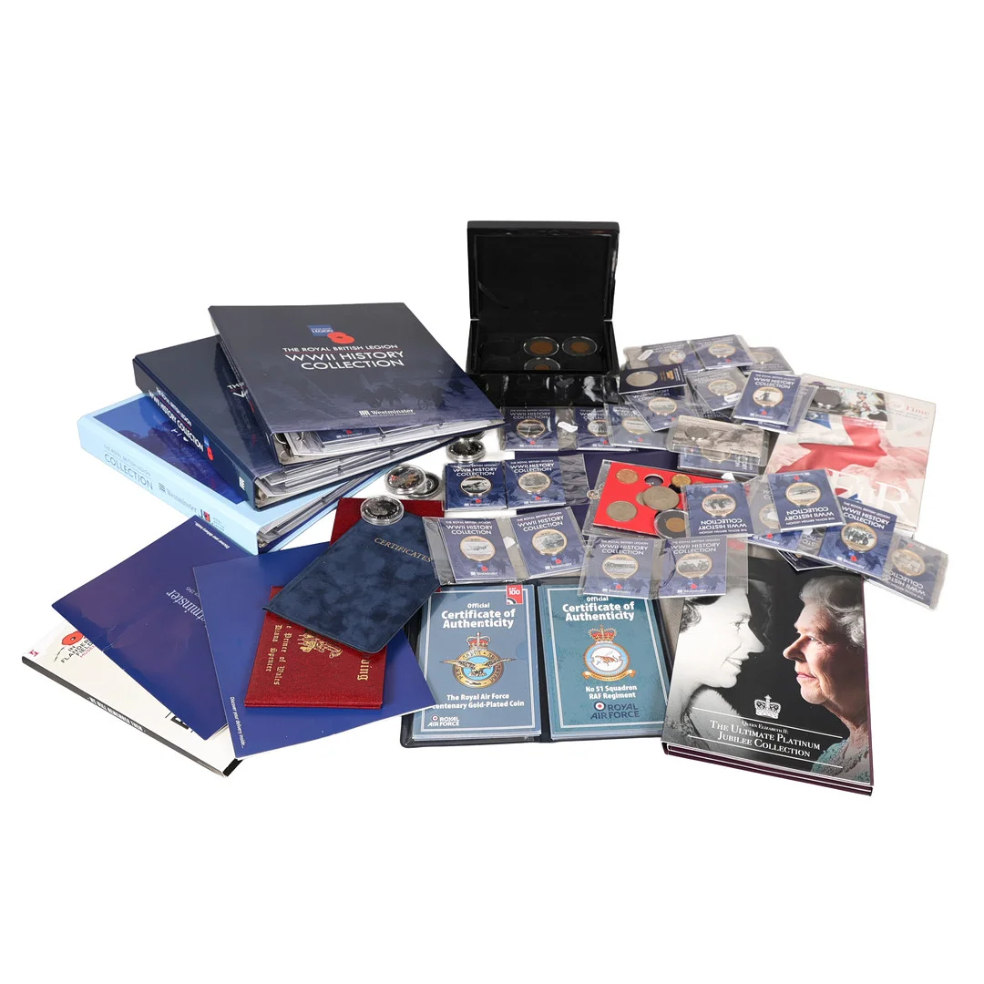 A COLLECTION OF ROYAL BRITISH LEGION MEDALLION SETS, COMMEMORATIVE COINS, TWO ROYAL WEDDING GOLD STAMPS ETC., (QTY). — Coins & Banknotes — Bishop & Miller