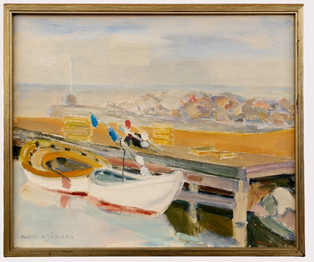 ANDERS A JÖNSSON. Olja på duk, hamnmotiv, signerad. — Paintings — Limhamns Auktionsbyrå