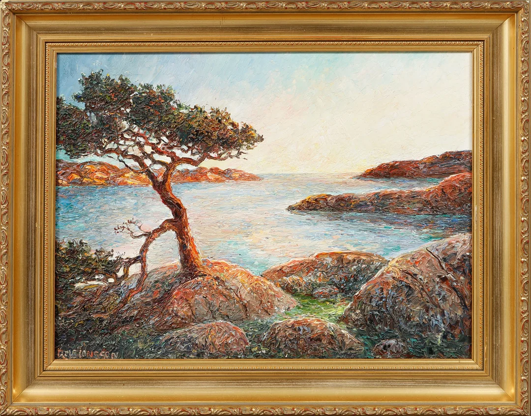 ROLF JONSSON. Kustbild, olja på pannå, signerad. — Paintings — Göteborgs Auktionsverk