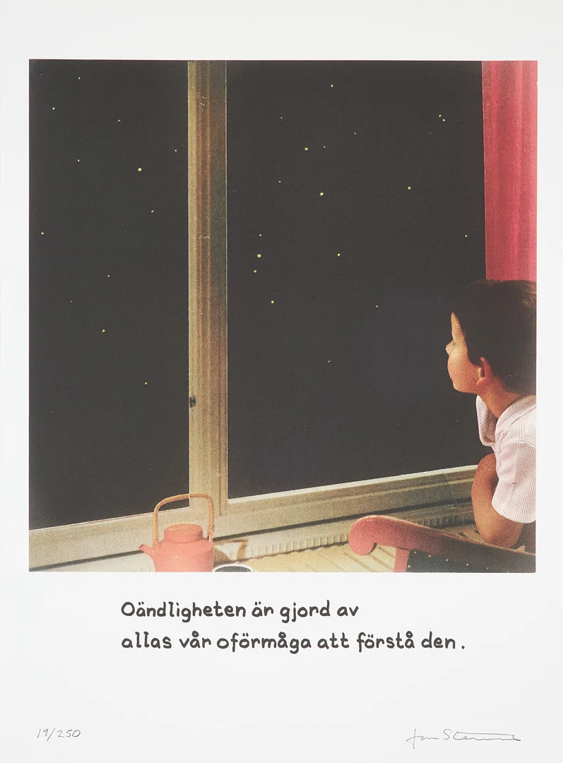 JAN STENMARK. "Oändligheten är gjord av allas vår oförmåga att förstå den.", färgoffset, signerad Jan Stenmark, numrerad 19/250. — Engravings & Prints — Stockholms Auktionsverk Sickla