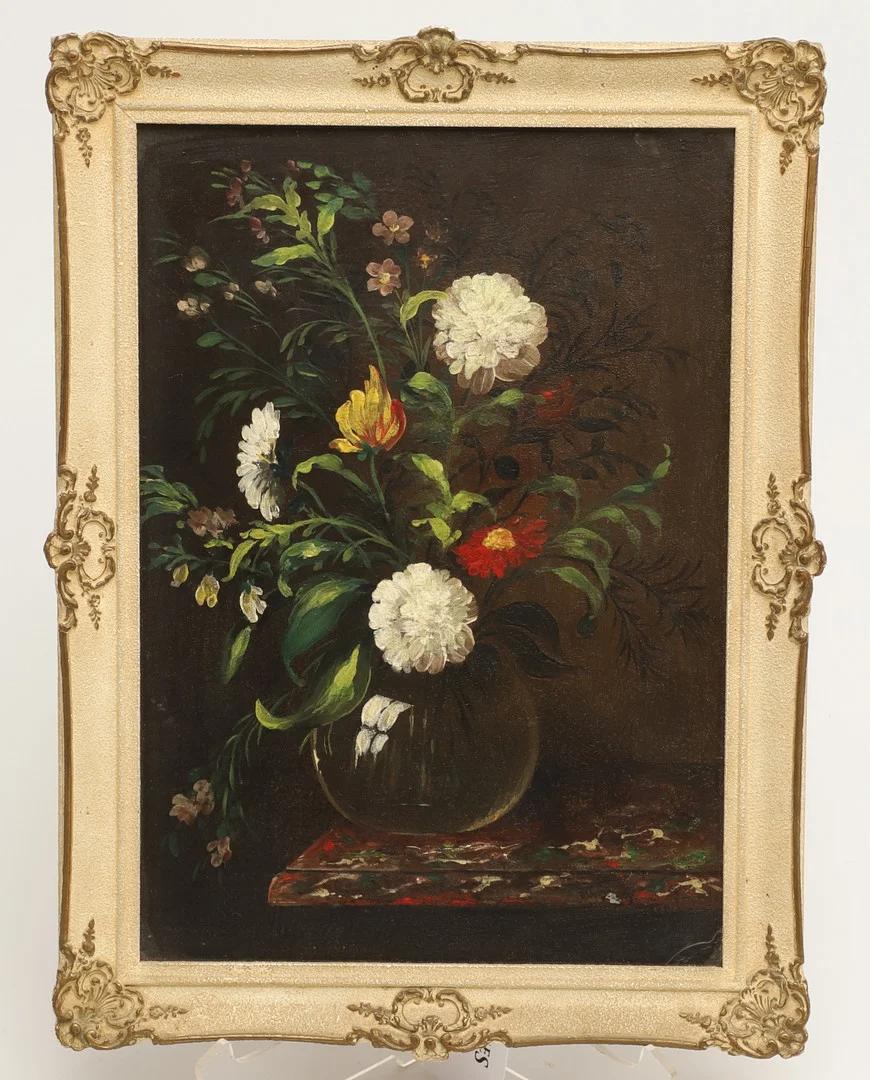 MID-20TH CENTURY. STILL LIFE OF FLOWERS IN A GLASS VASE ON A MARBLE LEDGE. — Paintings — Lawrences Auctioneers