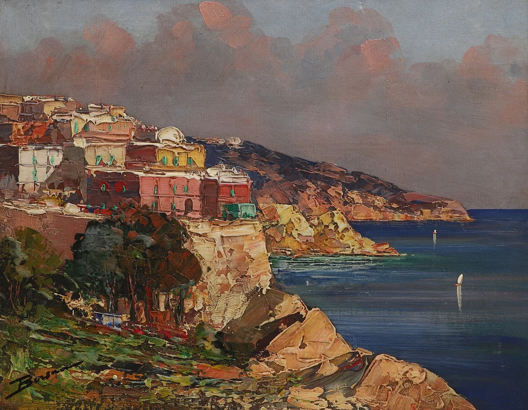 OIDENTIFIERAD KONSTNÄR. Olja på duk, impasto, motiv från italienska kusten, signerad. — Paintings — Ekenbergs Auktioner