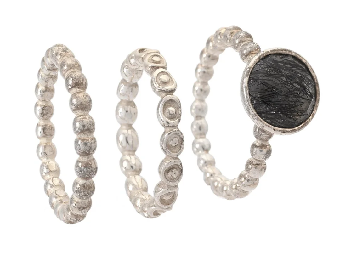 PANDORA, smyckeset, 3 st ringar, sterlingsilver, rutilkvarts, stl 16,75/ 17/17,5 mm, dustbag, totalvikt 11,2 g. — Smycken/Smyckeset — Kaplans