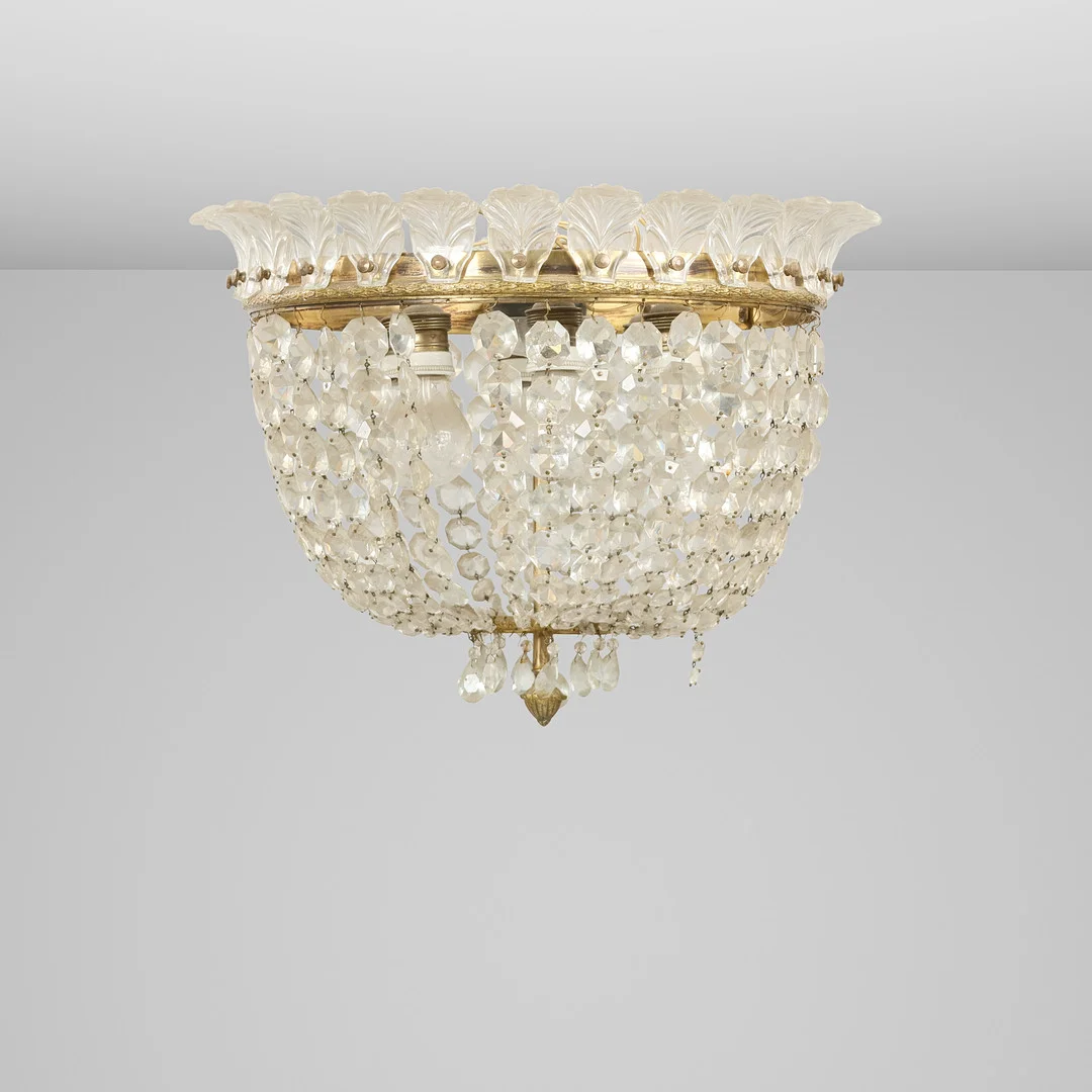Sækkeformet prismelysekrone med stel af messing, monteret til EL. 1900-tallets 1. halvdel. — Chandeliers — Palsgaard Kunstauktioner