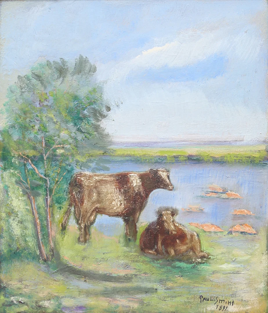 OIDENTIFIERAD KONSTNÄR. Kor vid vatten, olja på pannå, signerad Paul Smith, daterad 1891. — Paintings — Auktionshuset Thelin & Johansson