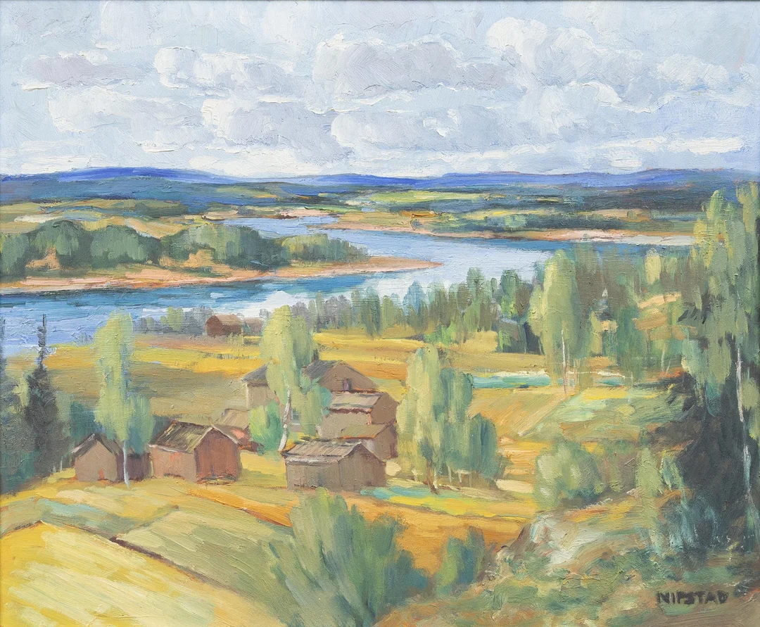 AXEL NIPSTAD (1901-1953). Älvlandskap, olja på pannå, signerad. — Paintings — Garpenhus Auktioner