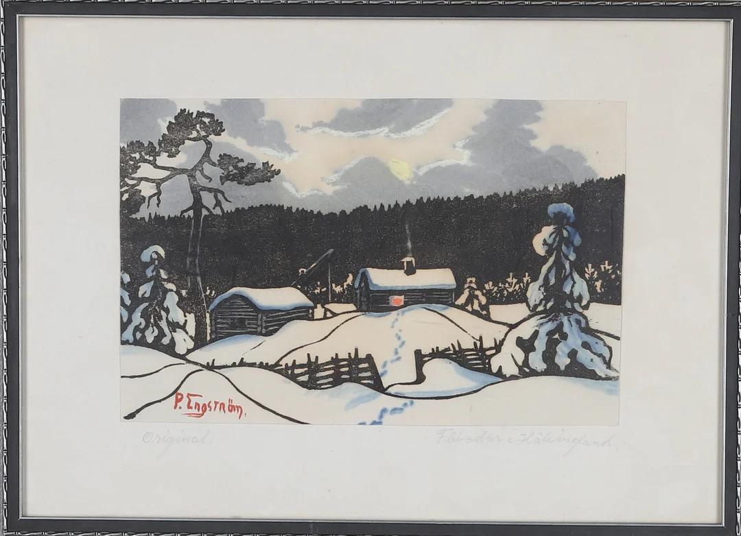 PER ENGSTRÖM. Träsnitt, " Fäbodar i Hälsingland", signerad i trycket. — Engravings & Prints — Gomér & Andersson Norrköping