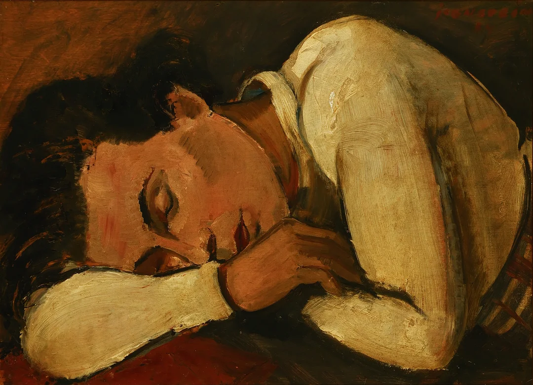 HARALD ISENSTEIN (1898-1980). Portræt af sovende kvinde, olie på plade, signeret og dateret 1954. — Paintings — Palsgaard Kunstauktioner