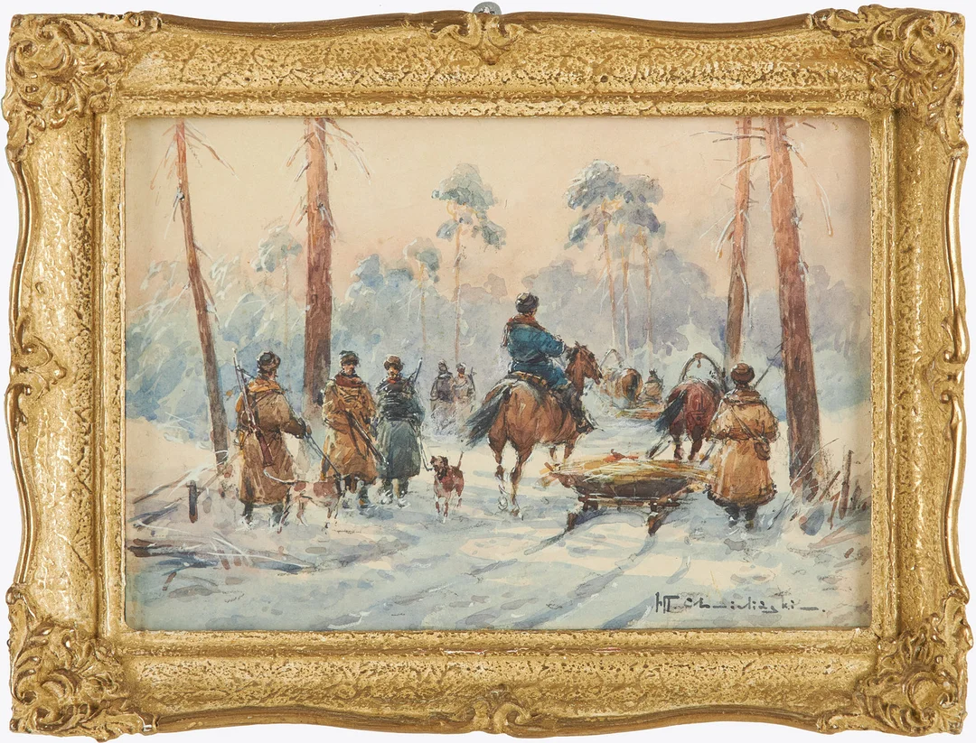 WLADYSLAW CHMIELINSKI (POLEN 1911-1979). Jägare i skogslandskap, akvarell, signerad. — Paintings — Stockholms Auktionsverk Sickla