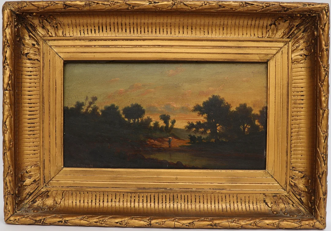 OIDENTIFIERAD KONSTNÄR. Landskap med figur, 1800-tal, oljemålning på träskiva, signerad H Brown. — Paintings — Falun Auktionsbyrå