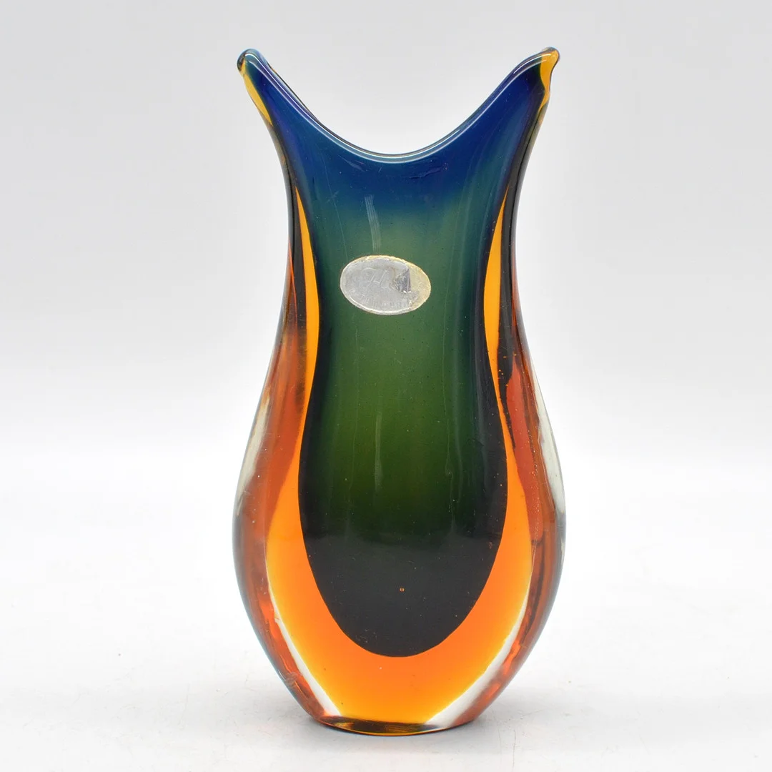 FLAVIO POLI. MURANO DESIGNERVASE, STUDIOGLAS, SOMMERSO, ITALIEN, UM 1950, MIT ETIKETT. — Art glass — Kunst- und Auktionshaus Kleinhenz