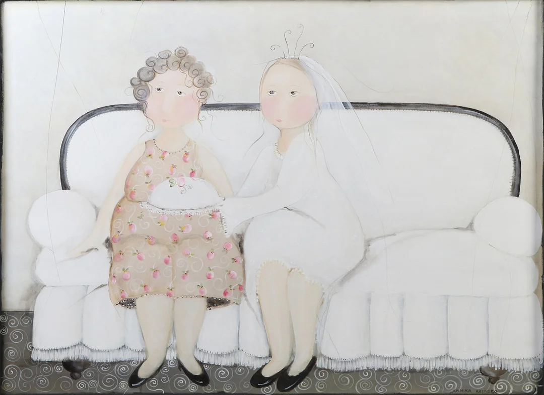 ANNIKA AHLBERG. Oljemålning på duk. Kvinnor i soffa. Signerad. — Paintings — Skånes Auktionsverk