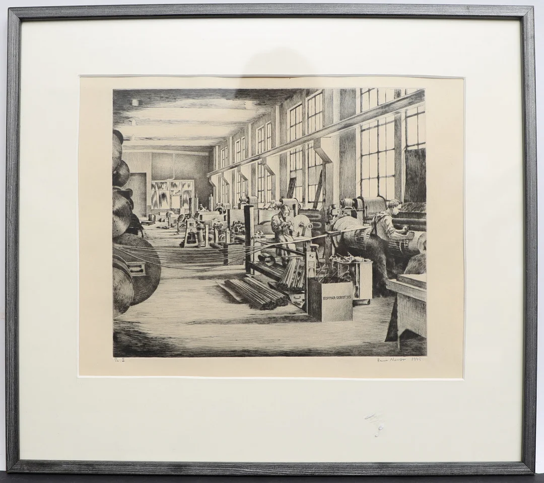HANS NORSBO. Fabriksinteriör, etsning, signerad och daterad 1945. — Engravings & Prints — Falun Auktionsbyrå