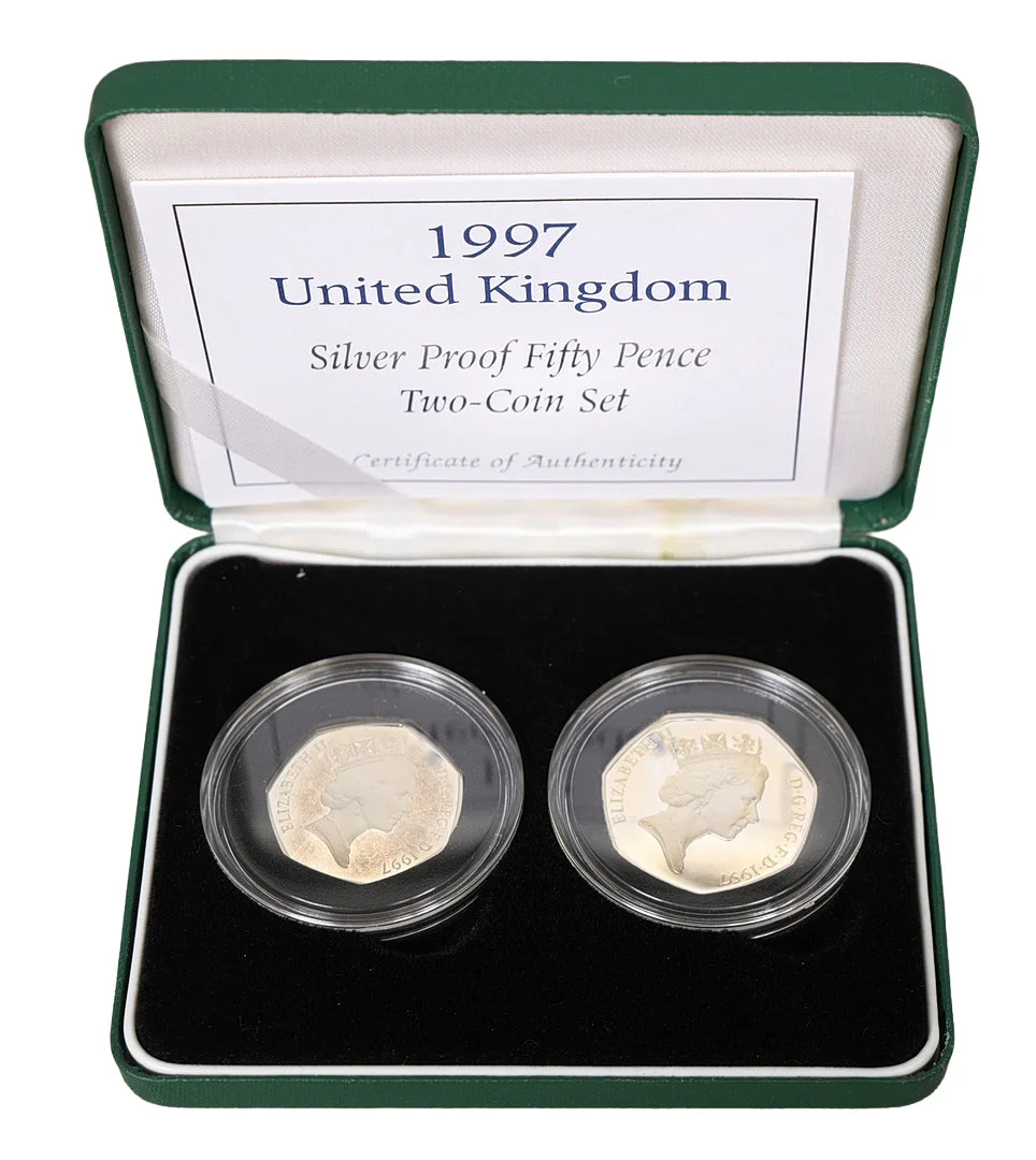 A ROYAL MINT 1997 SILVER PROOF FIFTY PENCE TWO-COIN SET. — Coins & Banknotes — Bishop & Miller