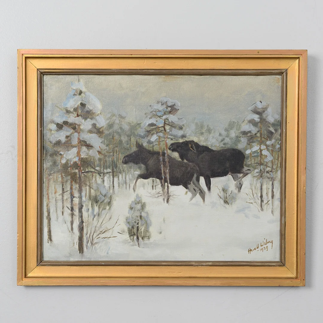 HARALD WIBERG. Älgar i vinterlandskap, olja på pannå, signerad samt daterad 1939. — Paintings — Formstad Auktioner