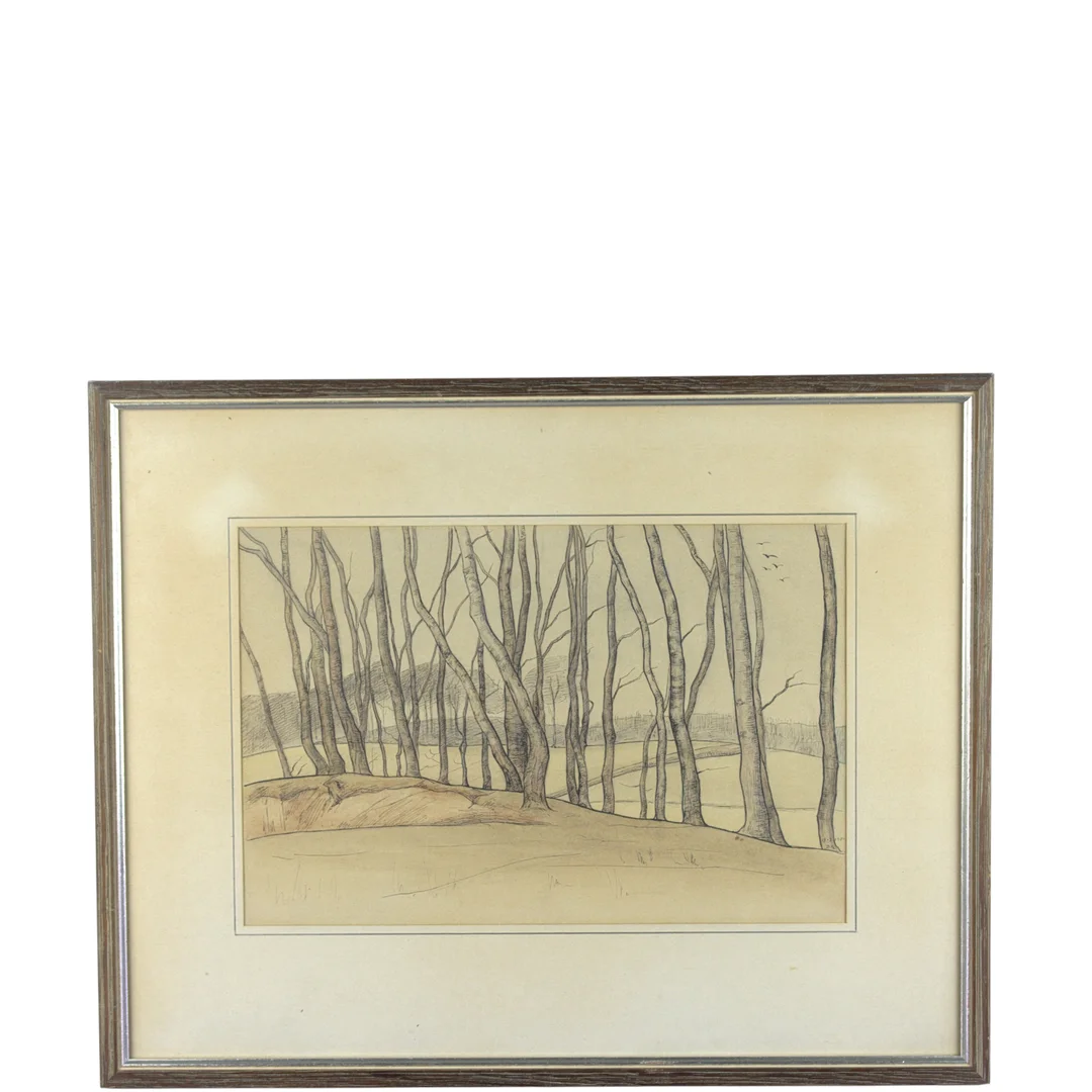 DAGMAR KAUFMANN. Blandteknik på papper, nakna trädstammar, monogramsignerad, 13/3 1901. — Paintings — Höganäs Auktionsverk