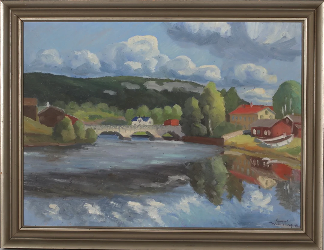 EVERT WERNBERG. Vy mot Widesbron och Norra Berget, olja på pannå, signerad och daterad -42. — Paintings — Stadsauktion Sundsvall