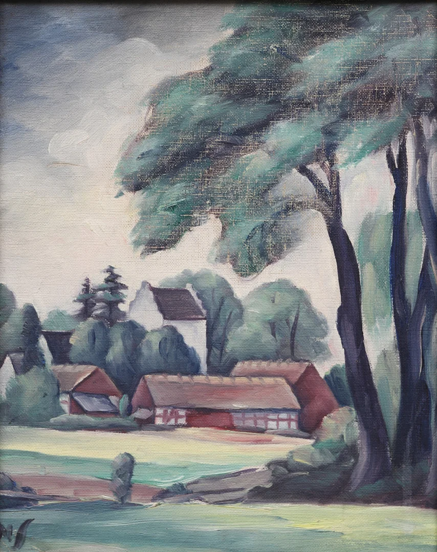 NILS SONESSON. Skånsk by, olja på duk, signerad NS. — Paintings — Crafoord Auktioner Malmö