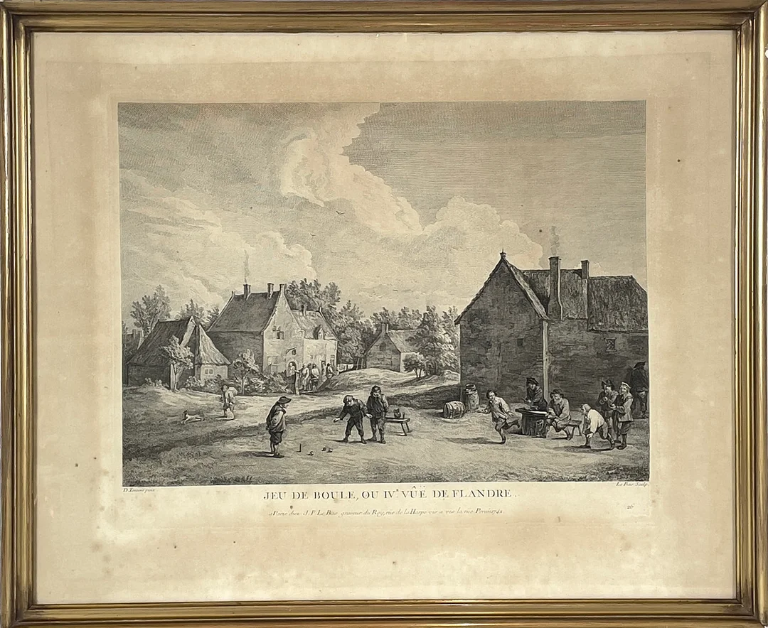 KOPPARSTICK, Jacques Philippe Le Bas efter David Tenier den yngre, "Jeu de Boule, ou IV.e Vuë de Flandre", 1742. — Engravings & Prints — Roslagens Auktionsverk