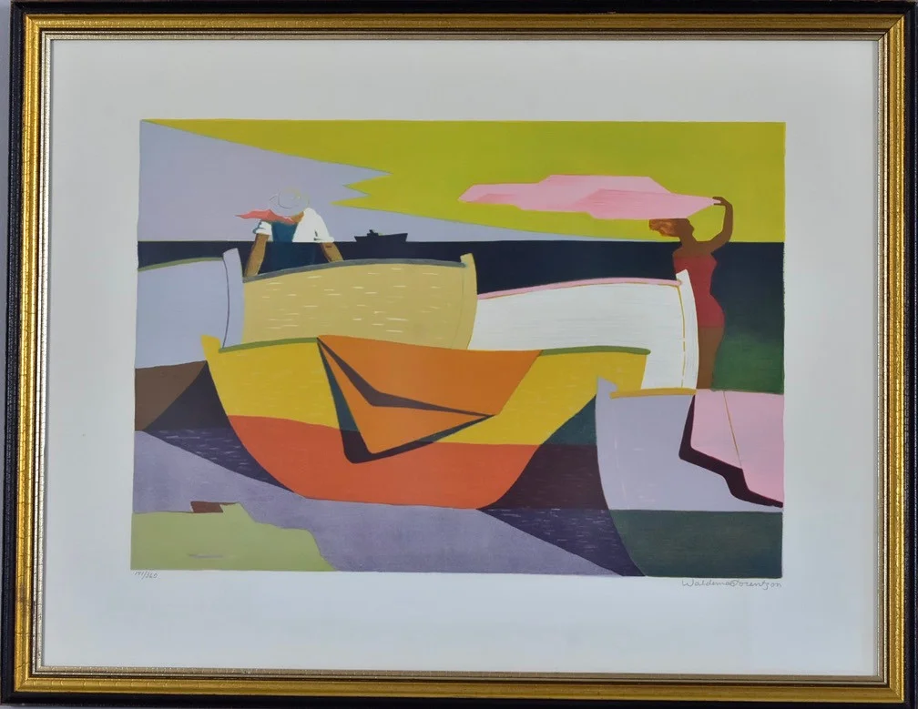 WALDEMAR LORENTZON. färglitografi, Båtar på land. — Engravings & Prints — Halmstads Auktionskammare