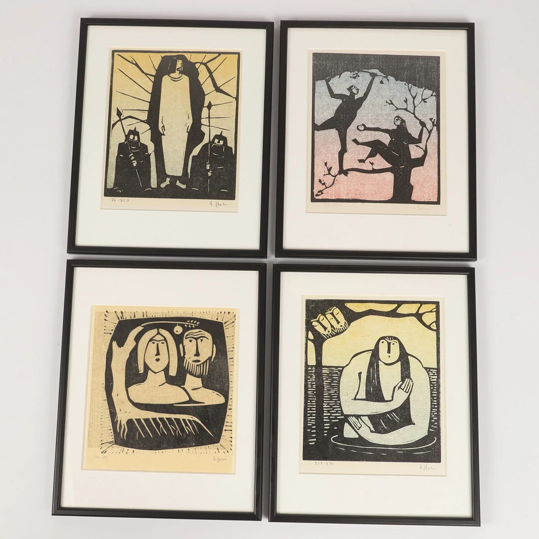 ÅKE HOLM. Bibliska motiv, 4 stycken, linoleumsnitt, signerad Å. Holm. — Engravings & Prints — Helsingborgs Auktionskammare