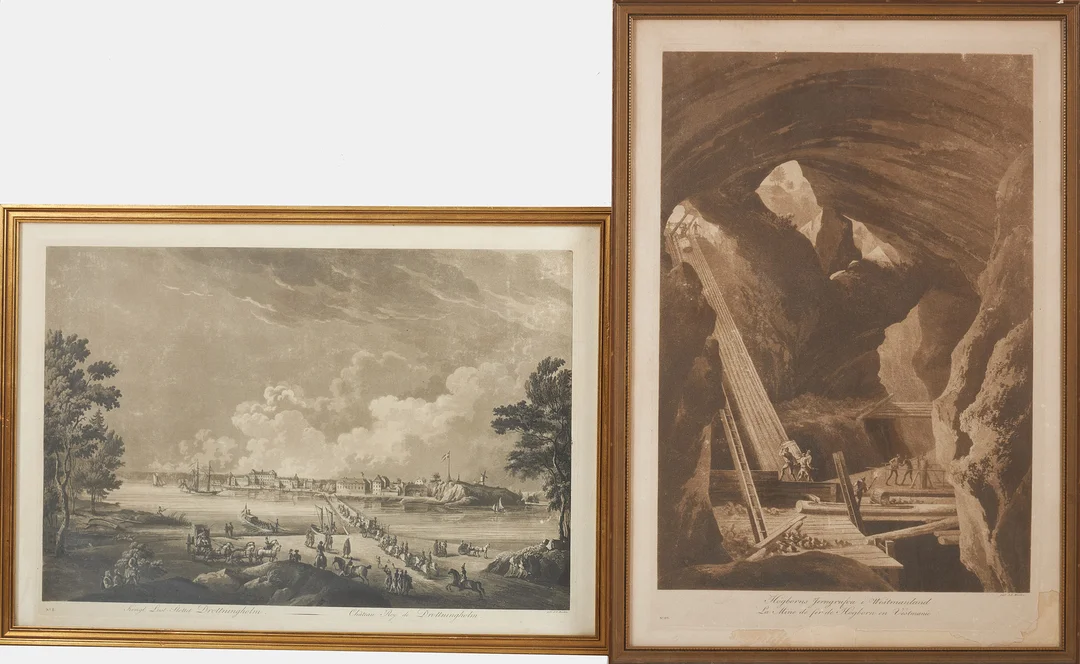 JOHAN FREDRIK MARTIN. Akvatint, 2 st, Drottningholm, Högborns järngruva, 1700-tal. — Engravings & Prints — Stockholms Auktionsverk Sickla