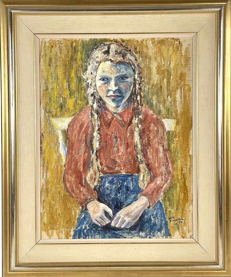 ARNE RINGSTRÖM (1924–2008). Olja på pannå, flicka i flätor, signerad & daterad -52. — Paintings — Roslagens Auktionsverk
