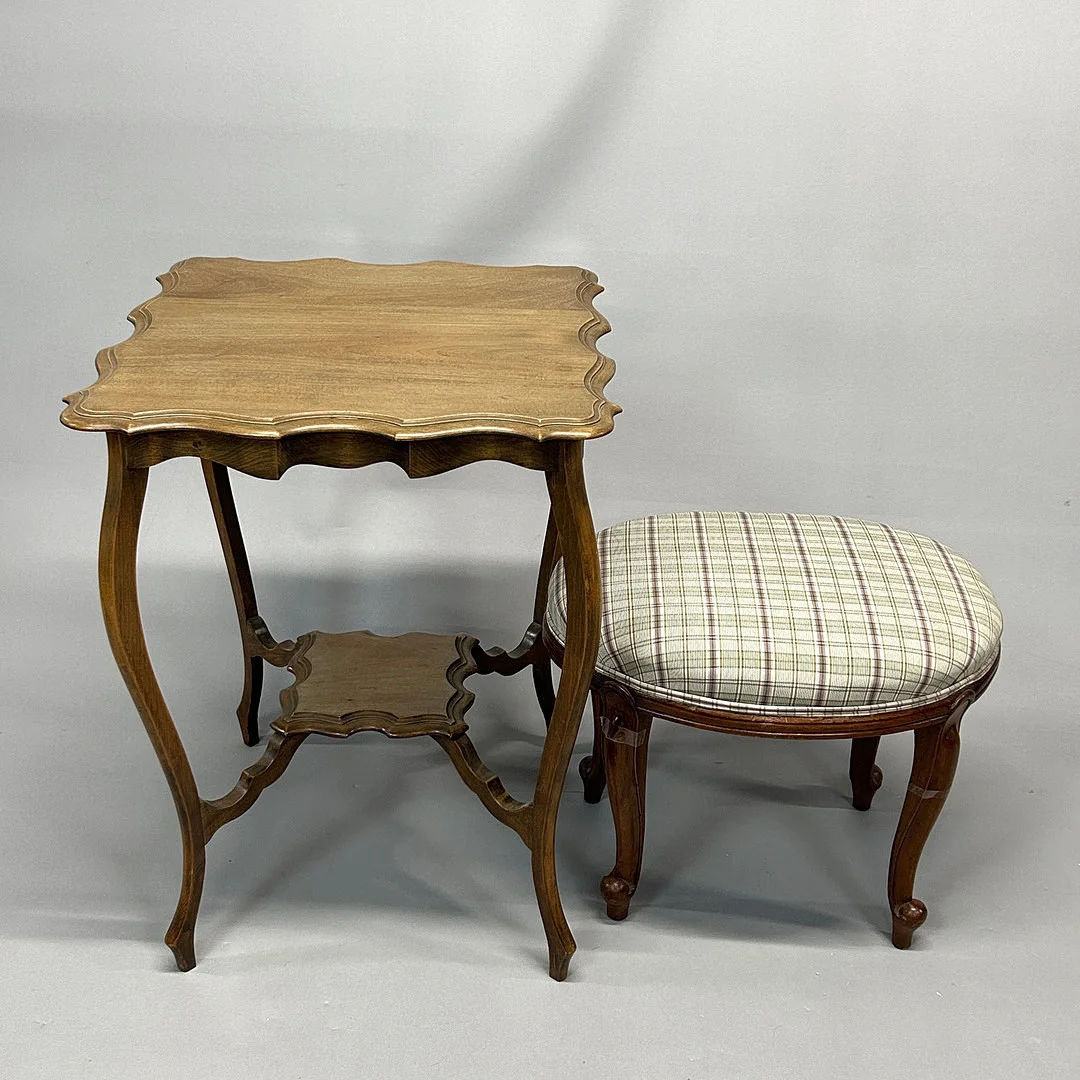 EDWARDIAN SIDE TABLE AND UPHOLSTERED STOOL. — Coffee Tables — Chalkwell Auctions