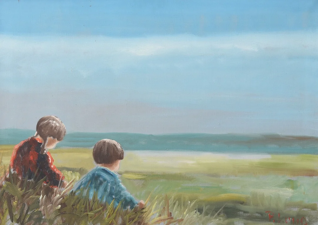 Olie på lærred, to børn ved kystlinje. Signeret P. Lund. — Paintings — Sørensen Auktioner