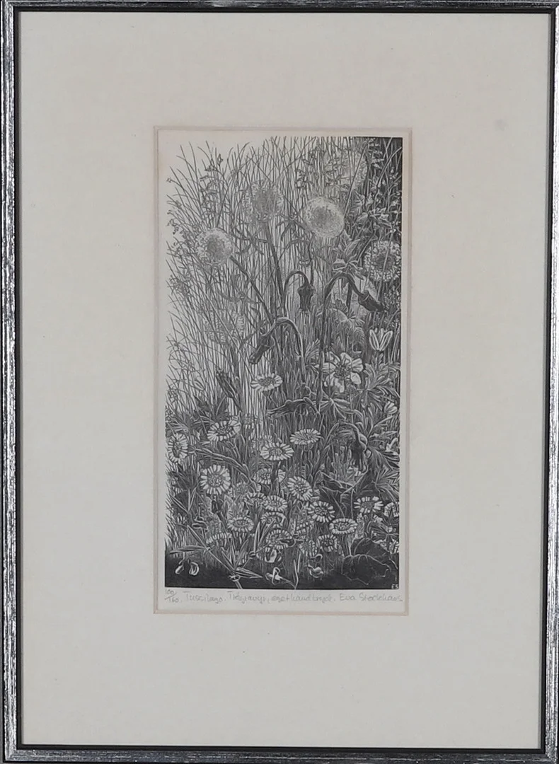 EVA STOCKHAUS. Trägravyr, " Tussilago", signerad och numrerad 100/160. — Engravings & Prints — Gomér & Andersson Norrköping