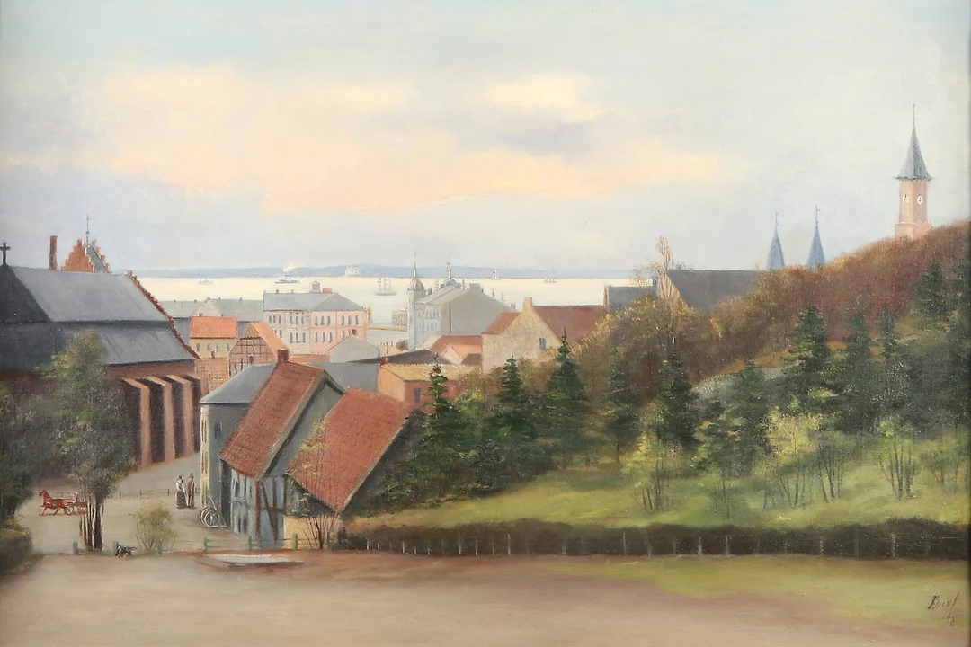 EDVIN JOHAN BRINK. Oljemålning på duk. Helsingborgsmotiv från Billesplatsen. 1800-tal. Signerad 98. — Paintings — Skånes Auktionsverk