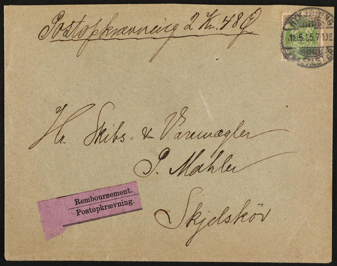 1902. 25 Øre, grey/green. Single on cod-cover from NYKJØBING PAA FALSTER 18.5.05 to Skælskør — Stamps, Covers & Postal History/Denmark/2-farv., 12 3/4, vm.III — Bruun Rasmussen