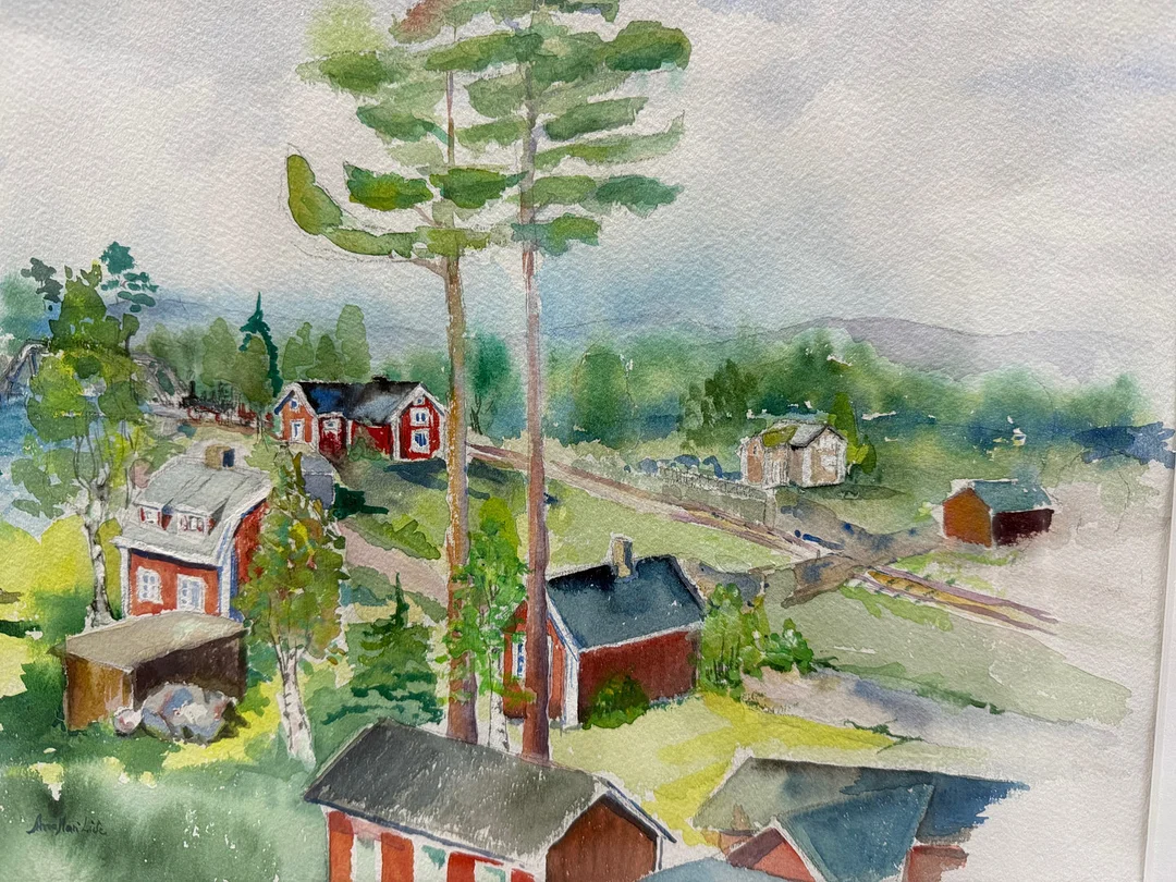 ANNMARI LIDE. AKVARELl, Bymiljö, Dalasågen, signerad. — Paintings — TOKA Auktionshus