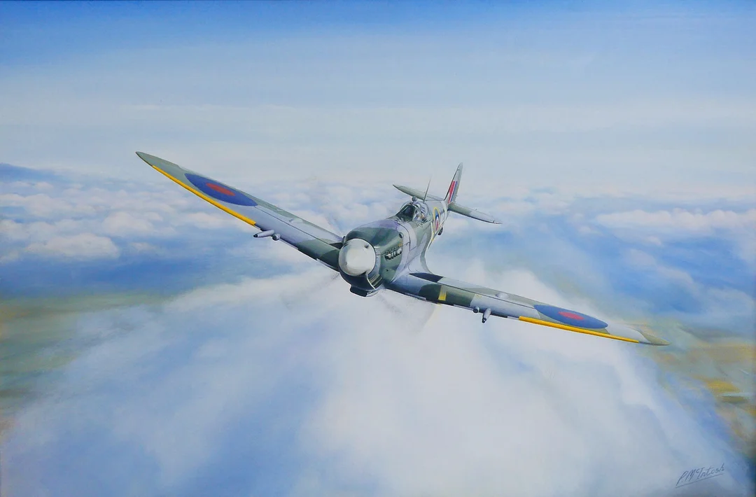 P. MCINTOSH (BRITISH, 20TH/21ST CENTURY). SPITFIRE IN FLIGHT, ACRYLIC ON CANVAS. — Paintings — Batemans of Stamford