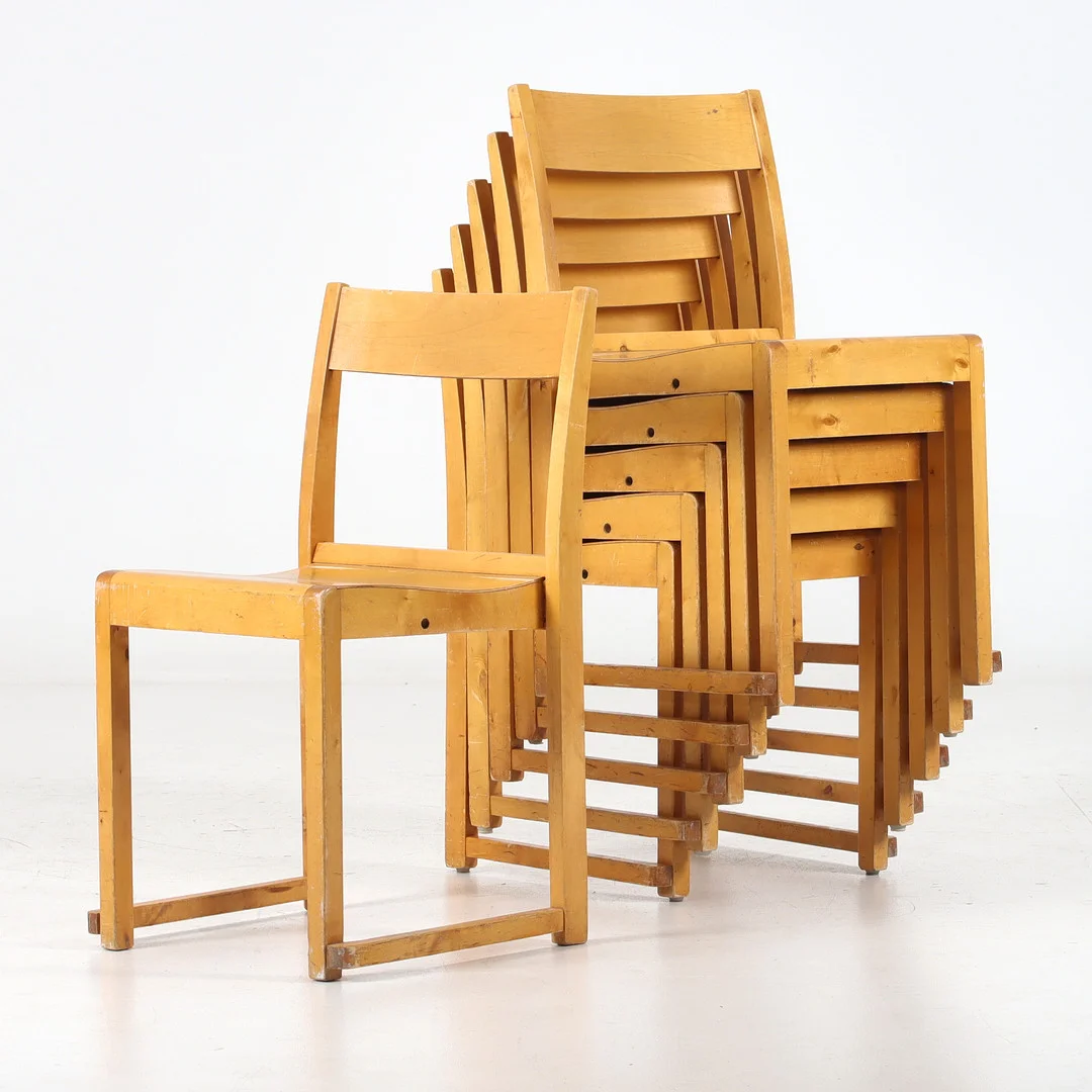 SVEN MARKELIUS. Stolar, 6 st, "Orkesterstolen", björk, 1900-tal. — Armchairs & Chairs — Stadsauktion Sundsvall