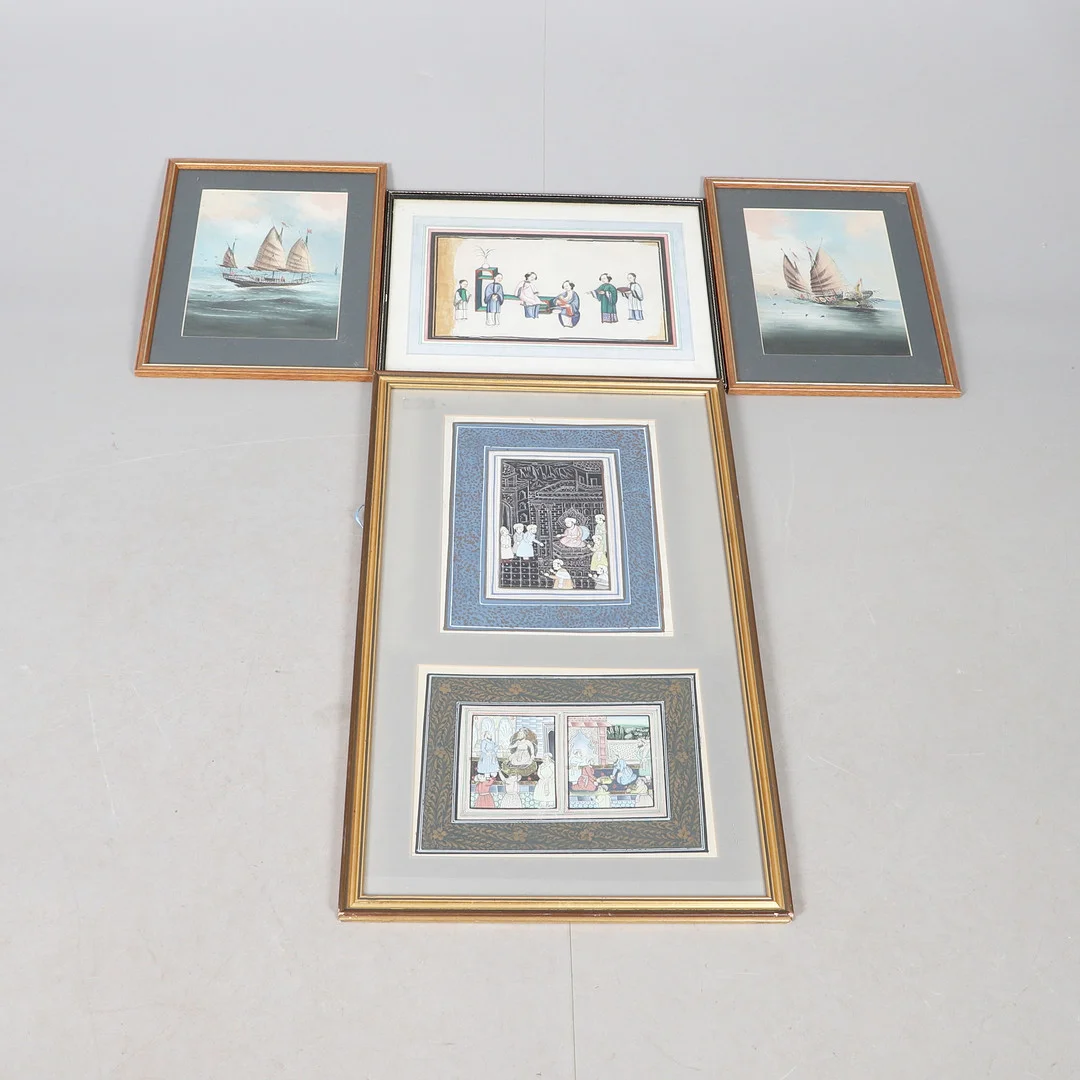 TWO 20TH CENTURY MUGHAL STYLE INDIAN WATERCOLOURS OF ROYAL COURT SCENES; A CHINESE PAINTING ON PITH PAPER; TWO CHINESE WATERCOLOURS OF JUNKS (4). — Paintings — Lawrences Auctioneers