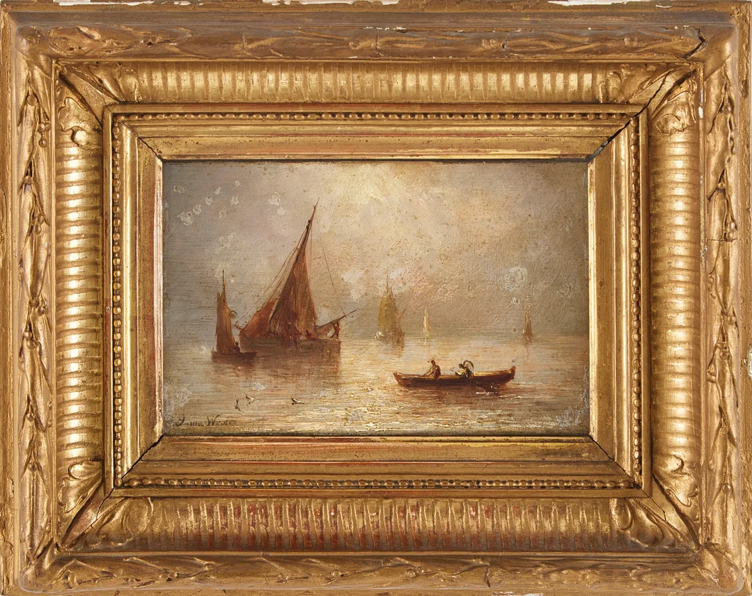 OIDENTIFIERAD KONSTNÄR. 2 st, marinmotiv med skepp, 1800-tal, otydligt signerade, olja på pannå. — Paintings — Stockholms Auktionsverk Magasin 5