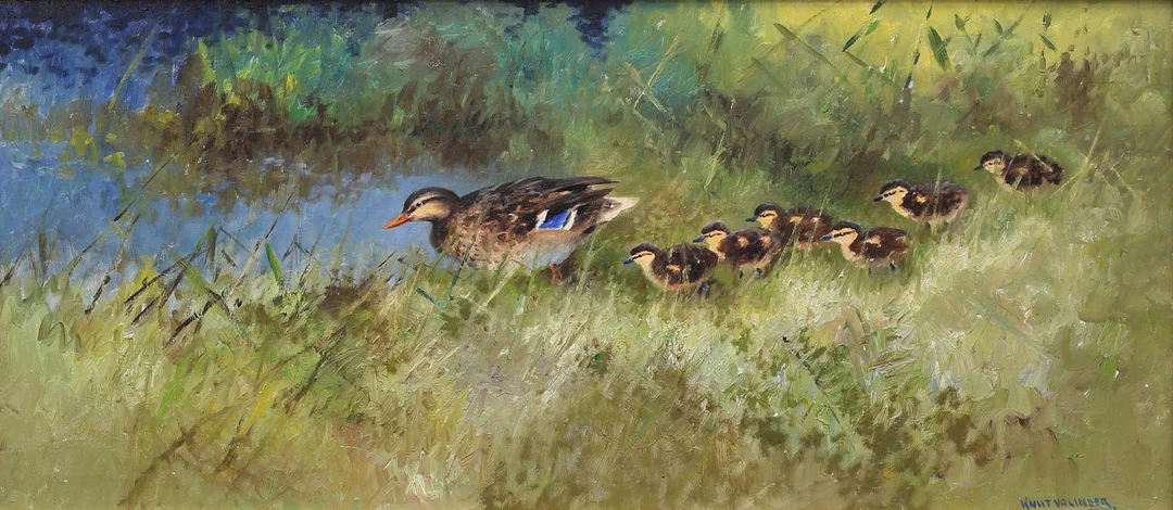KNUT VALINDER. "Gräsand med ungar". Olja på duk, signerad. — Paintings — Auktionshuset Thelin & Johansson