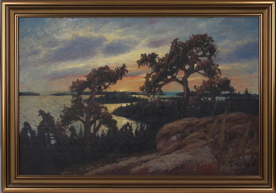 FRANS GARD. Tallar i solnedgång, olja på pannå, signerad. — Paintings — Stadsauktion Sundsvall
